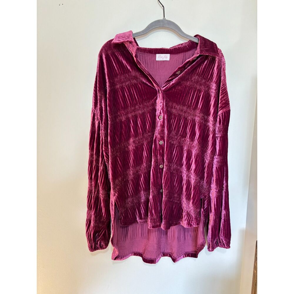 Pink Lily Crushed Velvet Button Front Blouse Berry Long Sleeve Size M
